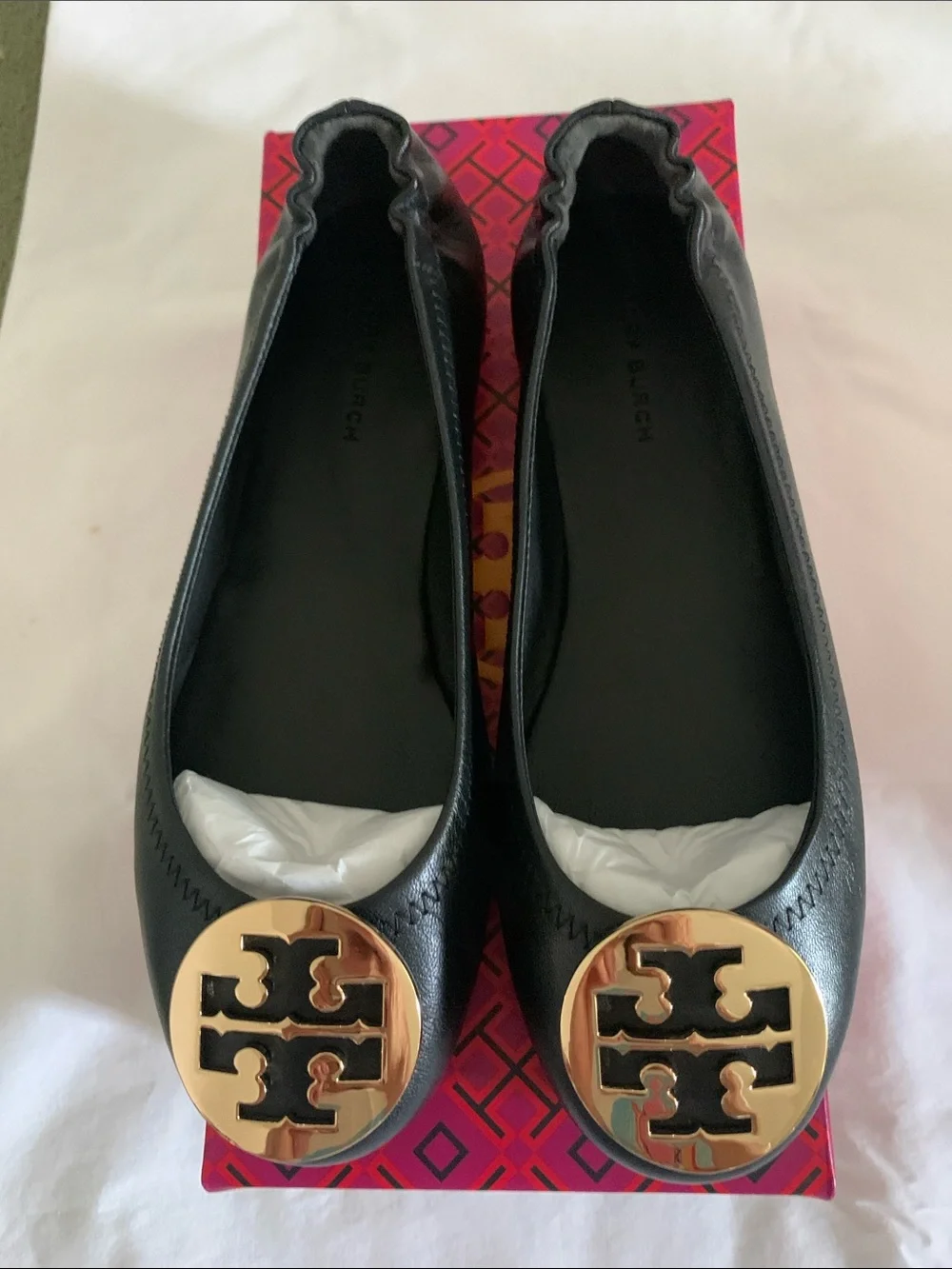Tory Burch Black Leather Ballet Flats with Gold Logo Disc